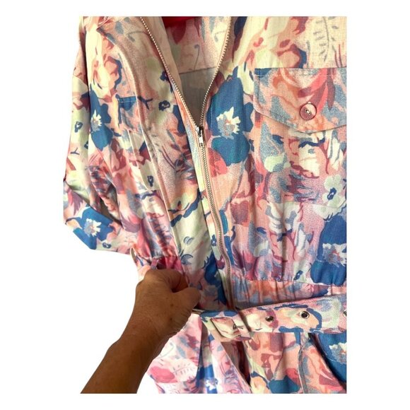Lena Romper Jumpsuit Floral Print Pockets & Belted Zip Front Cuffed Ankles Small - Picture 5 of 9